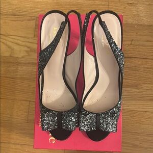 Kate Spade Charm Black and Silver Glitter Slingback Heels